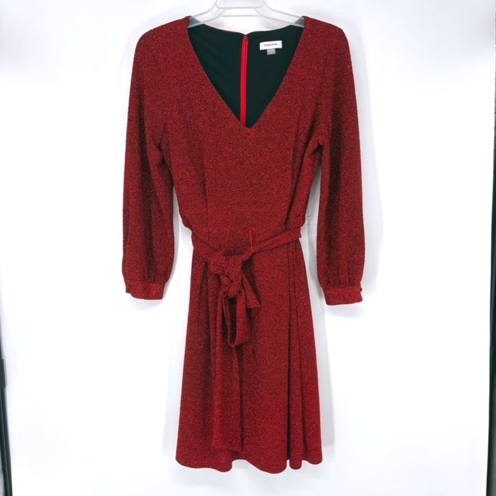 Calvin Klein Dress Women 14 Red Metallic Glitter V-Neck Belted ALine Long Sleeve